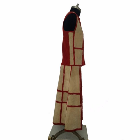 Vtg 70s Two Tone Suede Leather Patchwork Skirt Vest Set 5/6 - Picture 3 of 11